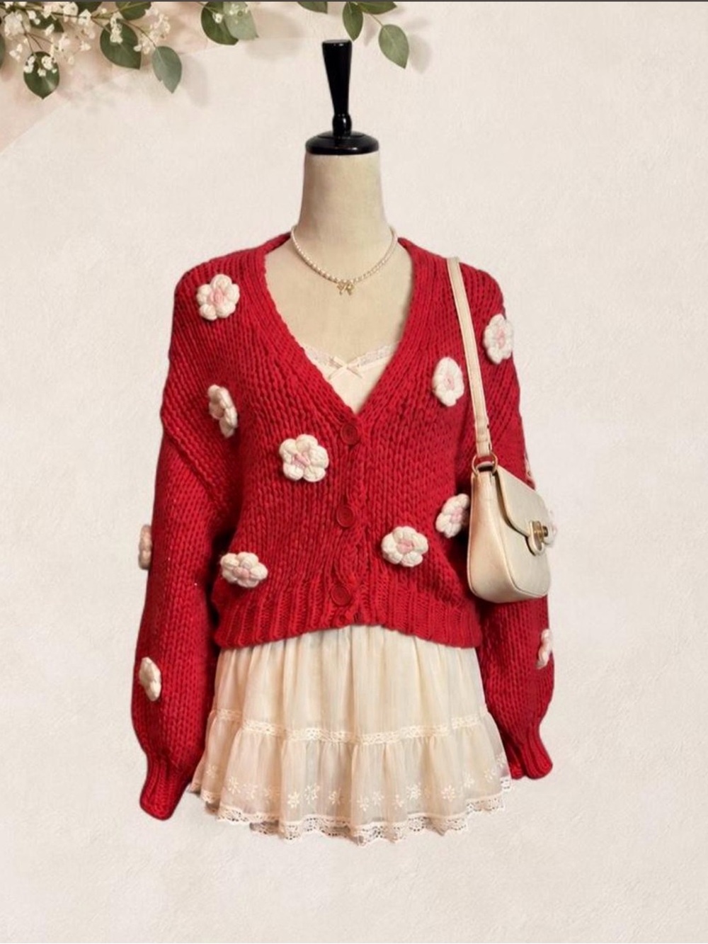 Red V-Neck Floral Appliqué Knit Cardigan Sweater